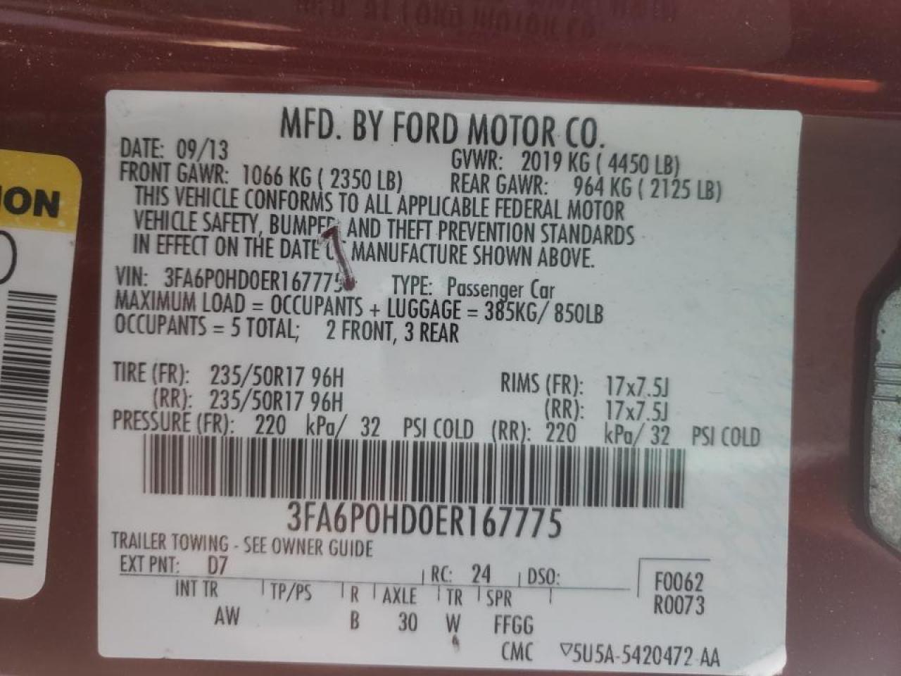 Photo 10 from auction – 2014 FORD FUSION with VIN 3FA6P0HD0ER167775