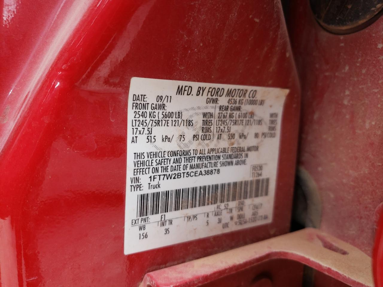 Photo 10 from auction – 2012 FORD F250 SUPER with VIN 1FT7W2BT5CEA38878