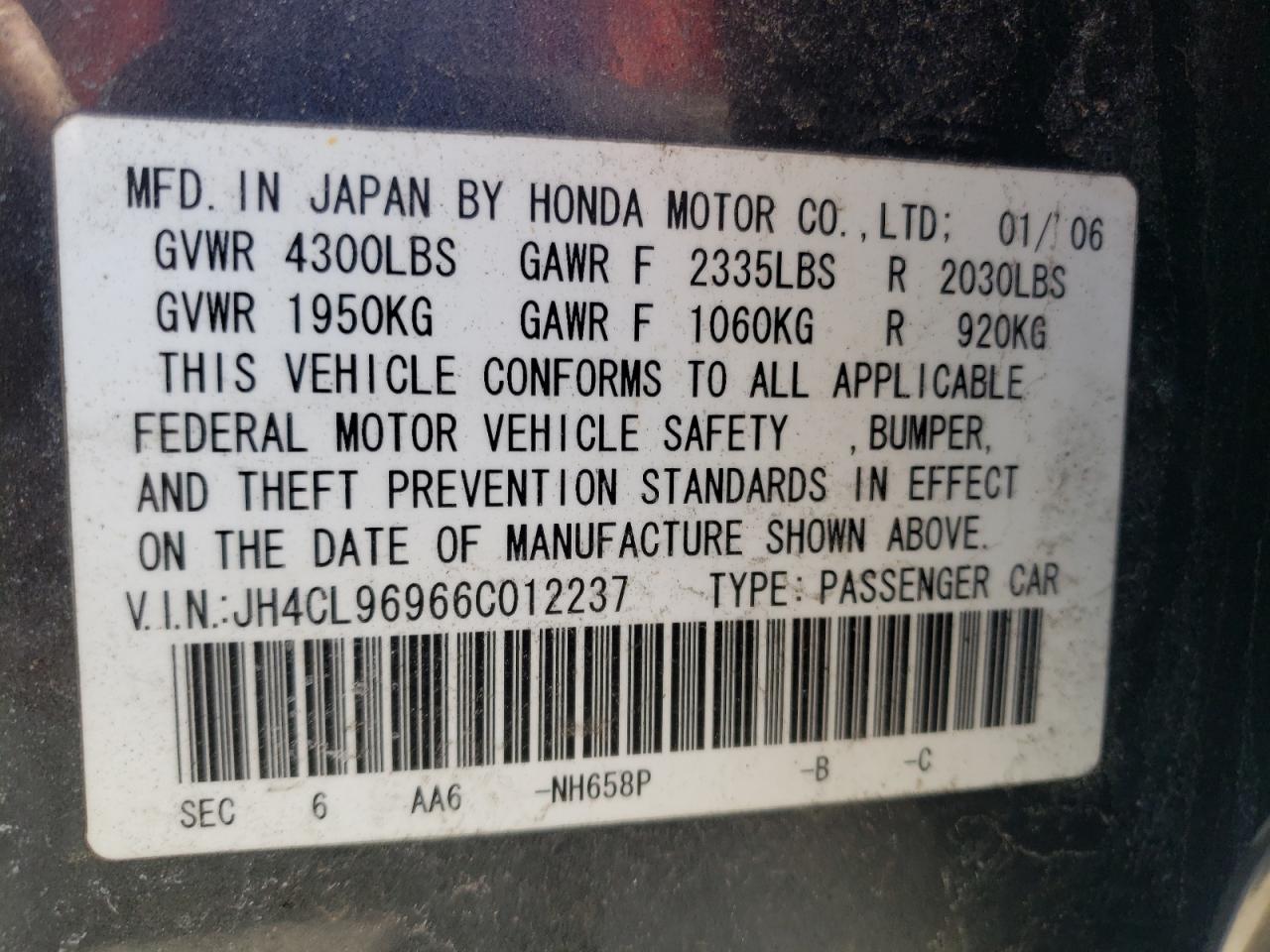Photo 10 from auction – 2006 ACURA TSX with VIN JH4CL96966C012237