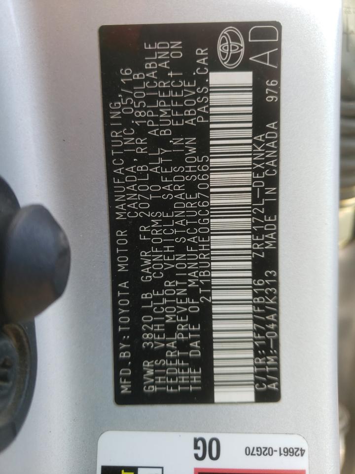Photo 10 from auction – 2016 TOYOTA COROLLA L with VIN 2T1BURHE0GC670665