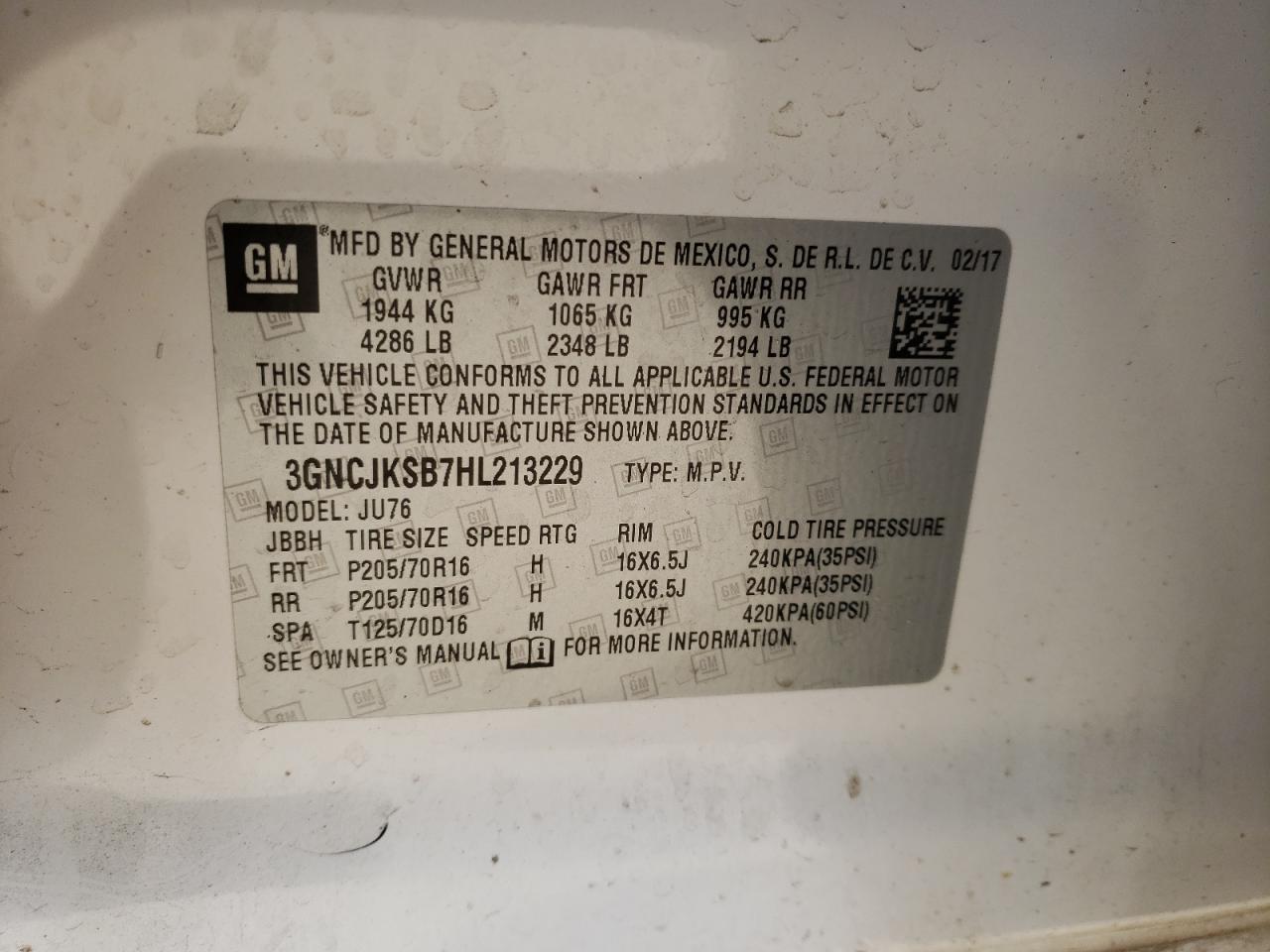 Photo 10 from auction – 2017 CHEVROLET TRAX LS with VIN 3GNCJKSB7HL213229