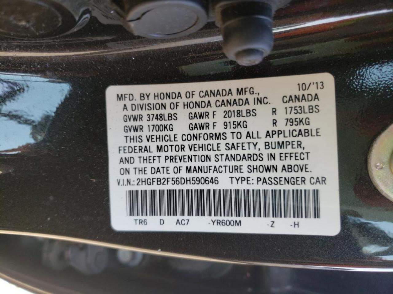 Photo 10 from auction – 2013 HONDA CIVIC LX with VIN 2HGFB2F56DH590646
