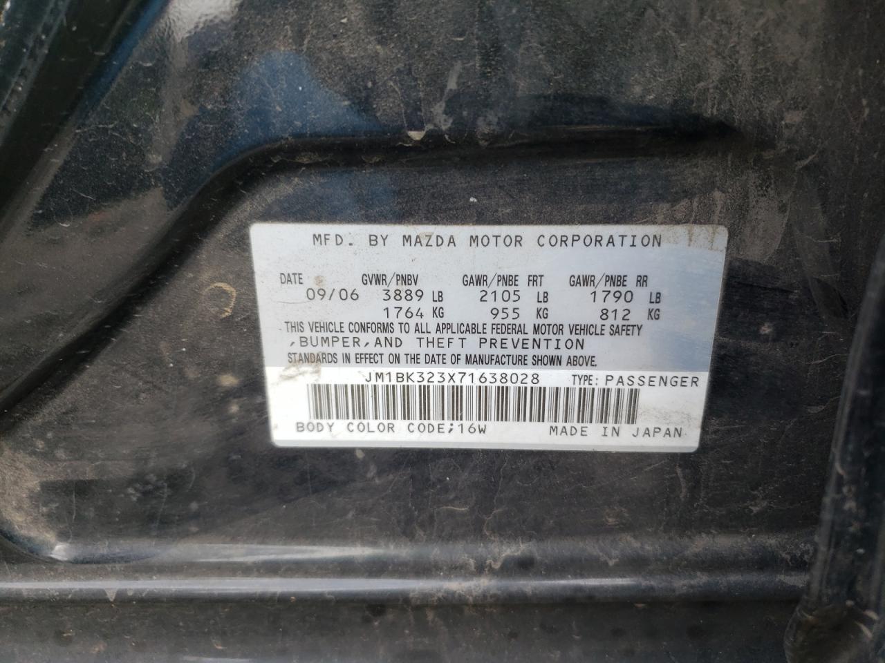 Photo 10 from auction – 2007 MAZDA 3 S with VIN JM1BK323X71638028