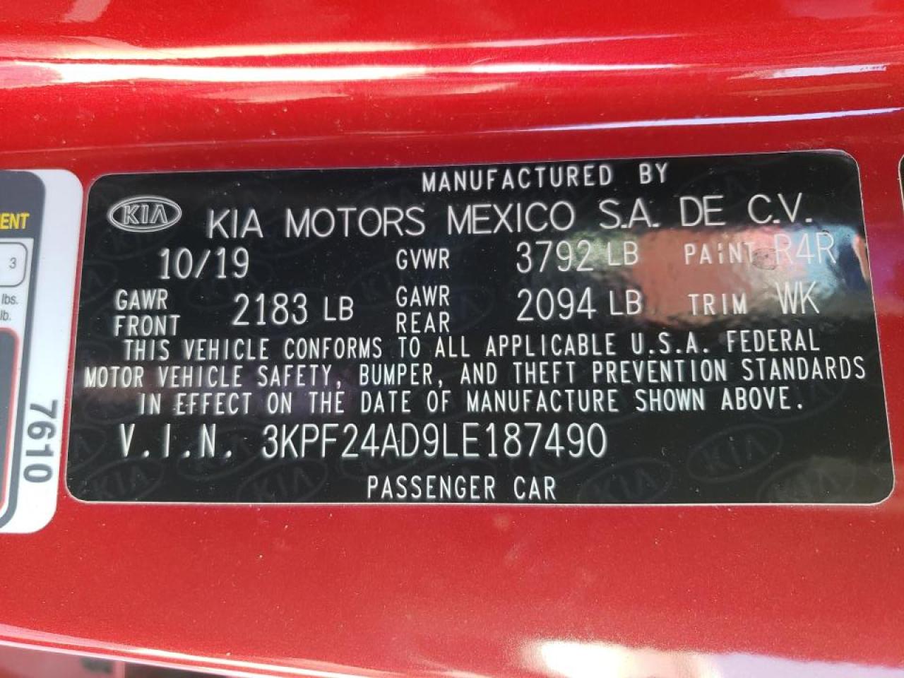 Photo 10 from auction – 2020 KIA FORTE FE with VIN 3KPF24AD9LE187490