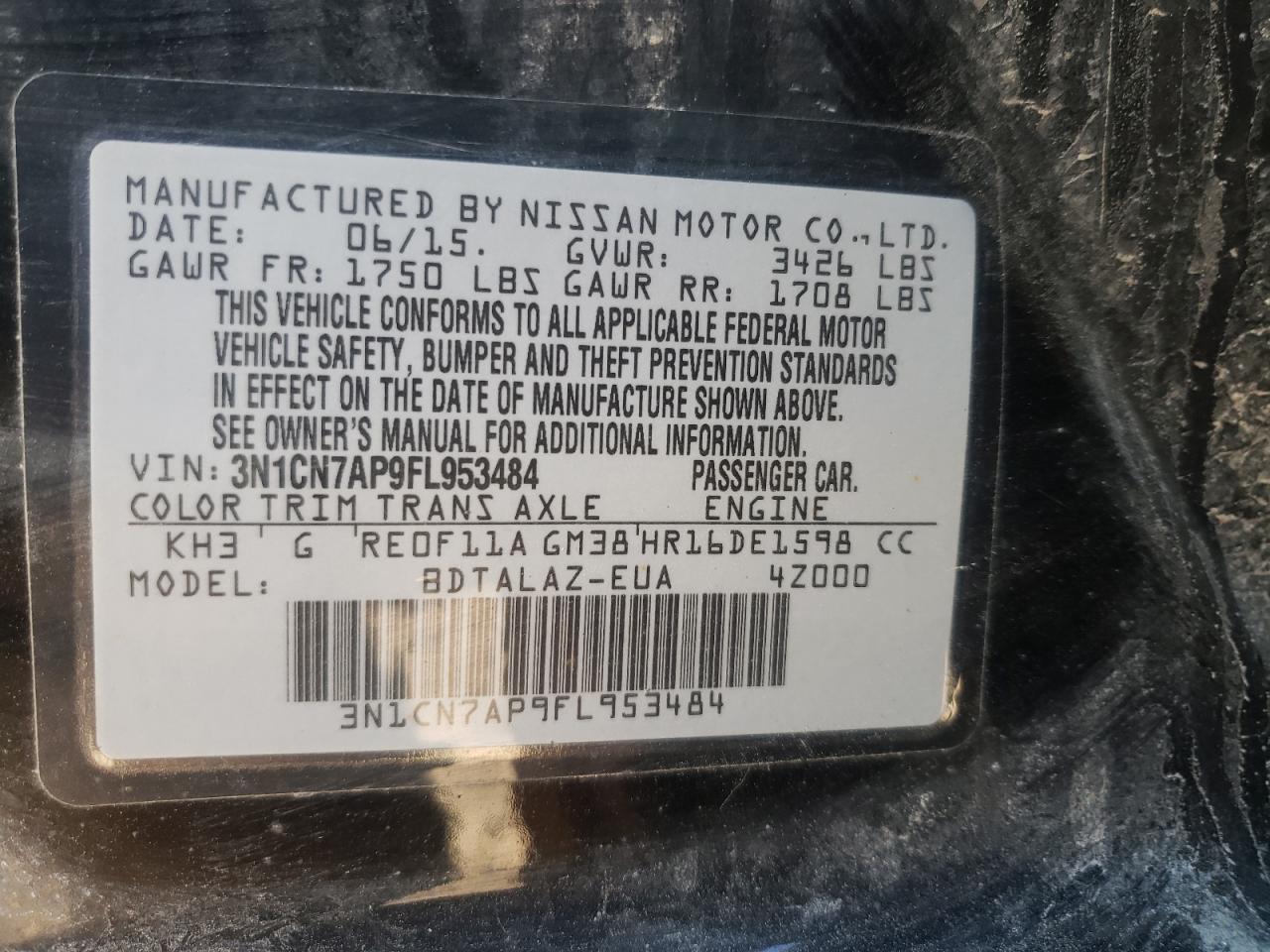 Photo 10 from auction – 2015 NISSAN VERSA S with VIN 3N1CN7AP9FL953484