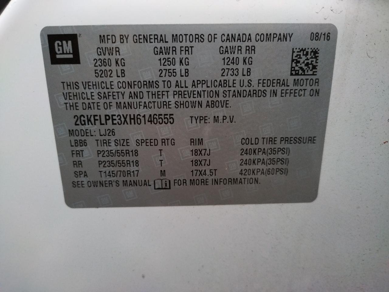Photo 10 from auction – 2017 GMC TERRAIN SL with VIN 2GKFLPE3XH6146555