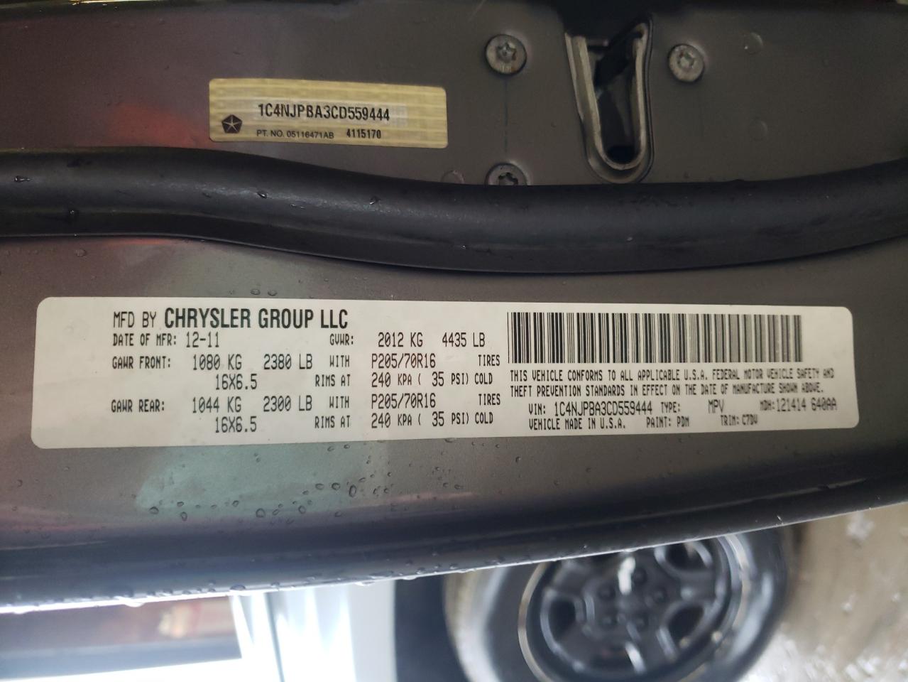 Photo 10 from auction – 2012 JEEP PATRIOT SP with VIN 1C4NJPBA3CD559444