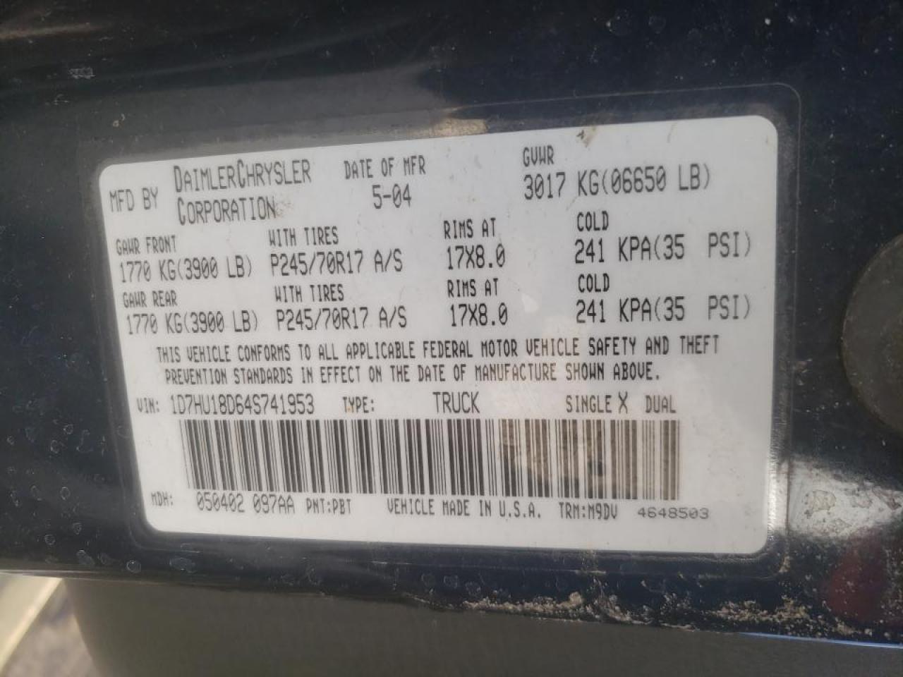 Photo 10 from auction – 2004 DODGE RAM 1500 S with VIN 1D7HU18D64S741953