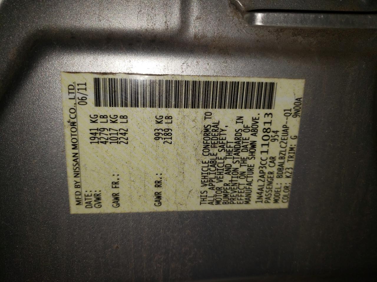 Photo 10 from auction – 2012 NISSAN ALTIMA BAS with VIN 1N4AL2AP3CC110813