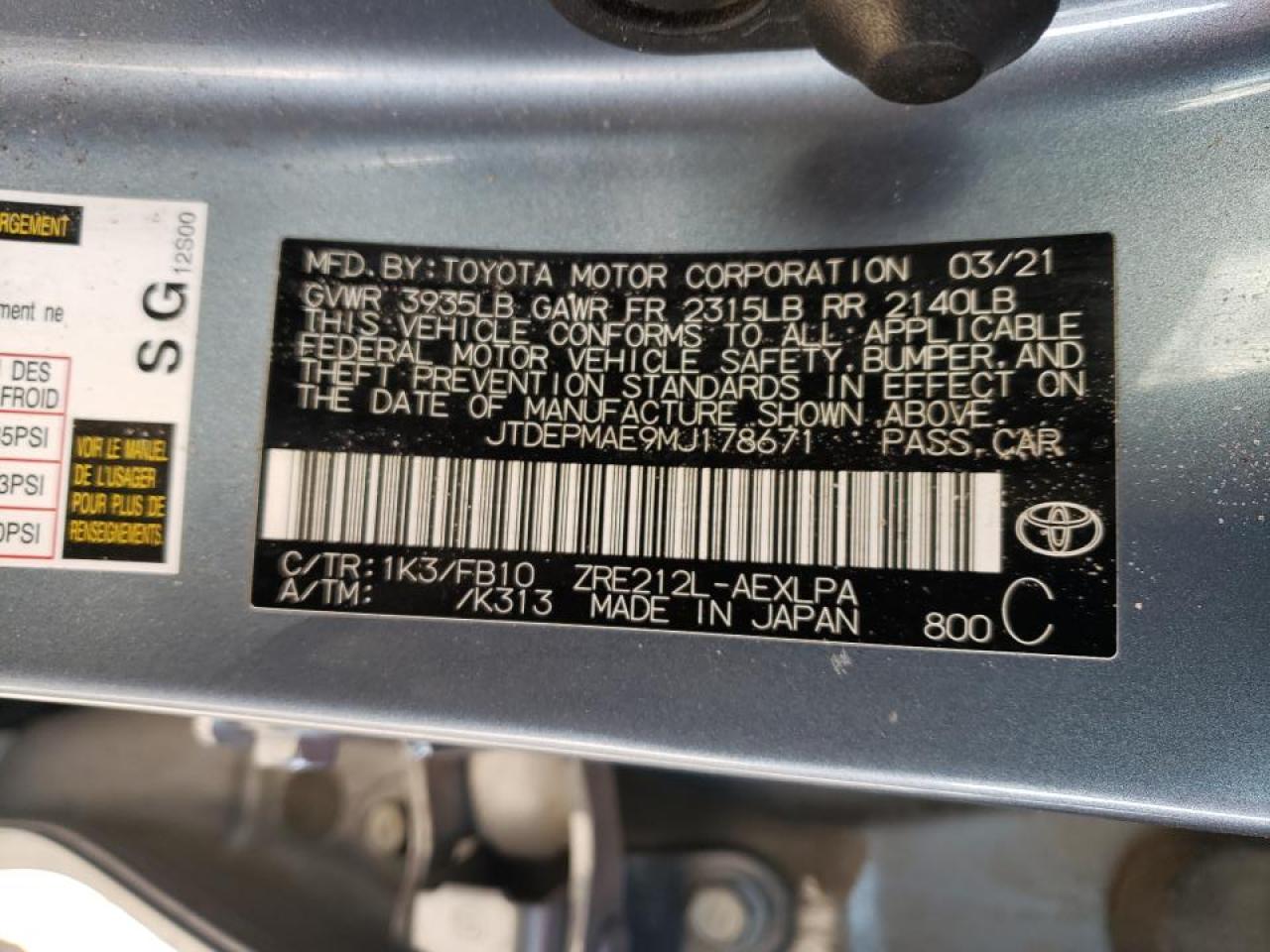 Photo 10 from auction – 2021 TOYOTA COROLLA LE with VIN JTDEPMAE9MJ178671