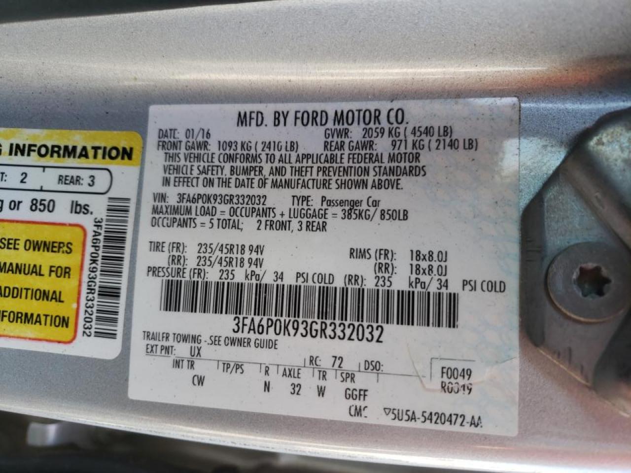 Photo 10 from auction – 2016 FORD FUSION TIT with VIN 3FA6P0K93GR332032