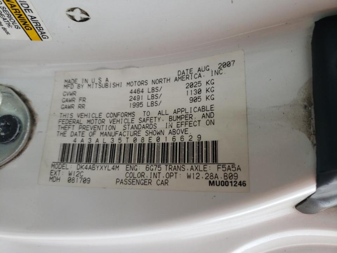 Photo 10 from auction – 2008 MITSUBISHI ECLIPSE SP with VIN 4A3AL35T08E016629