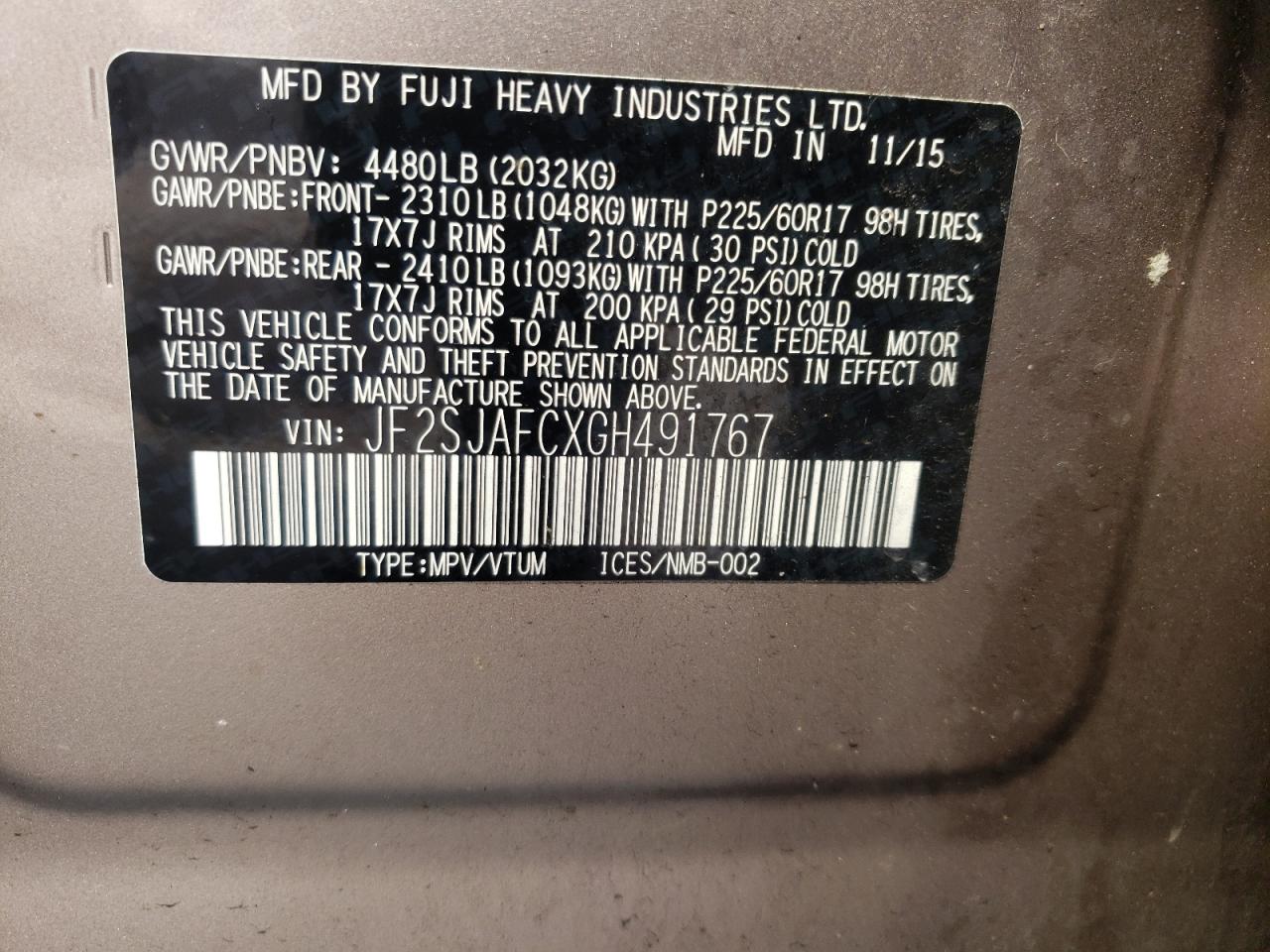 Photo 10 from auction – 2016 SUBARU FORESTER 2 with VIN JF2SJAFCXGH491767