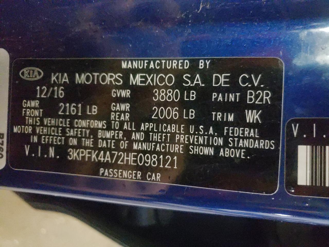 Photo 10 from auction – 2017 KIA FORTE LX with VIN 3KPFK4A72HE098121