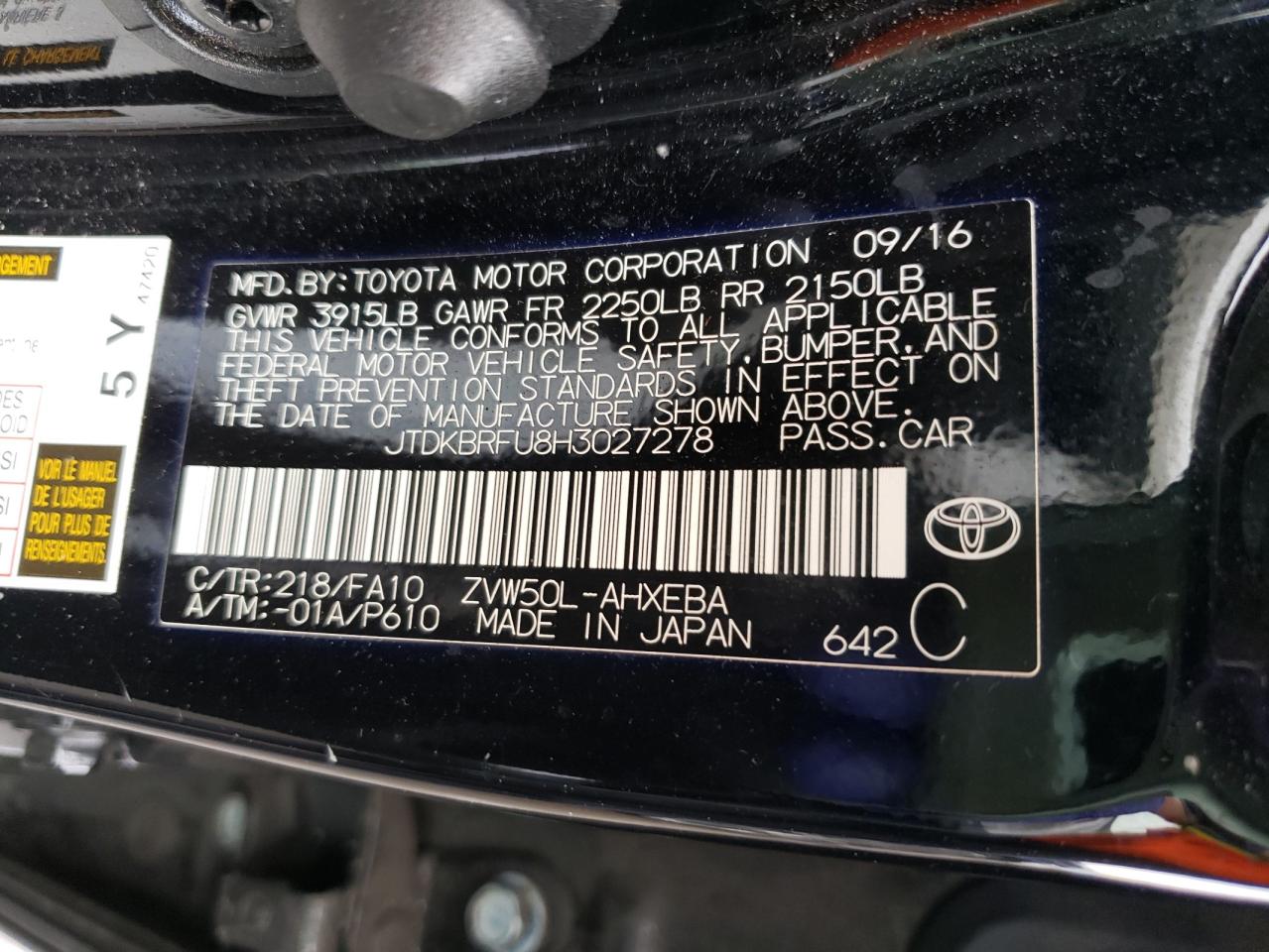 Photo 10 from auction – 2017 TOYOTA PRIUS with VIN JTDKBRFU8H3027278