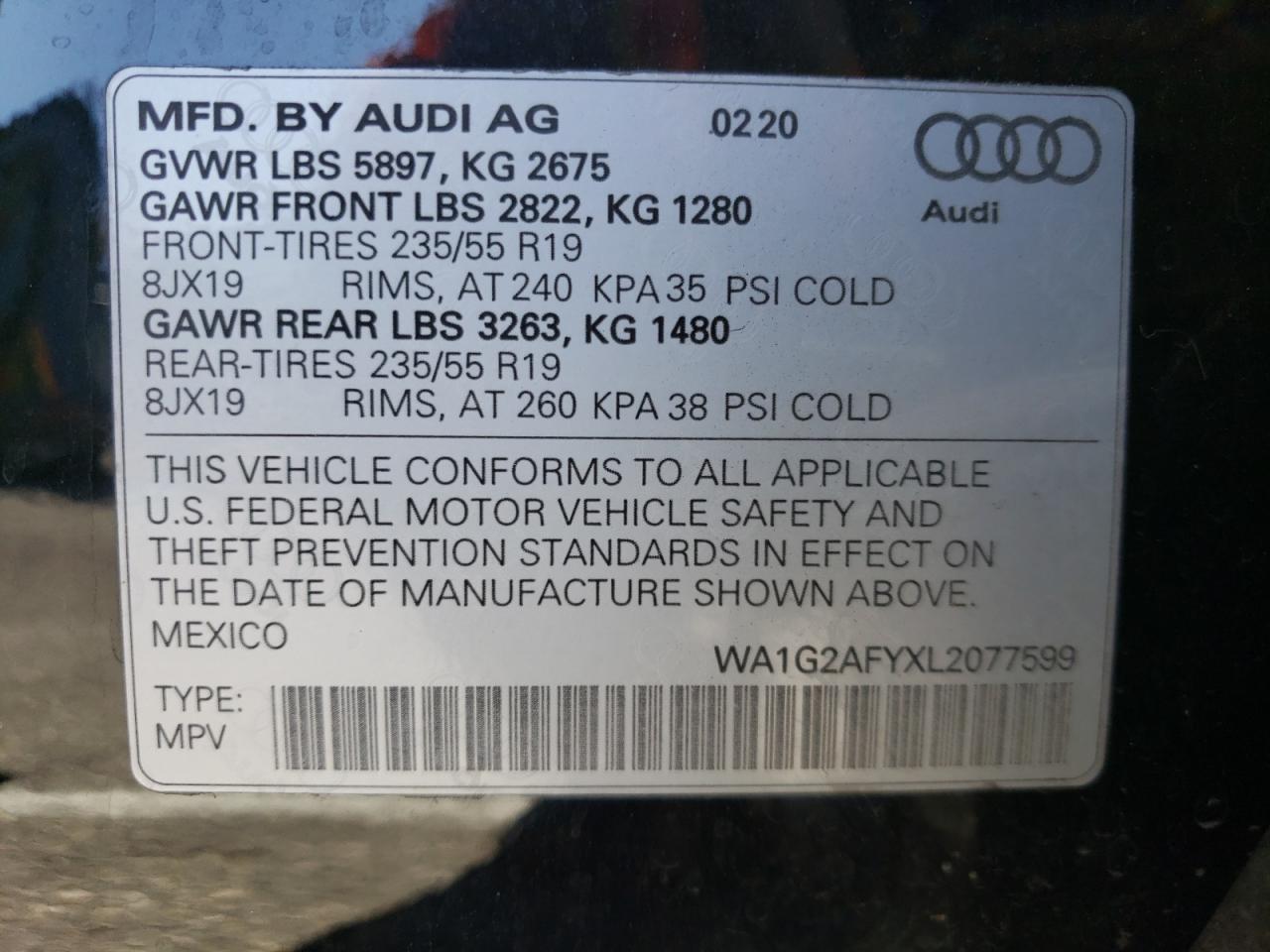 Photo 10 from auction – 2020 AUDI Q5 E PREMI with VIN WA1G2AFYXL2077599