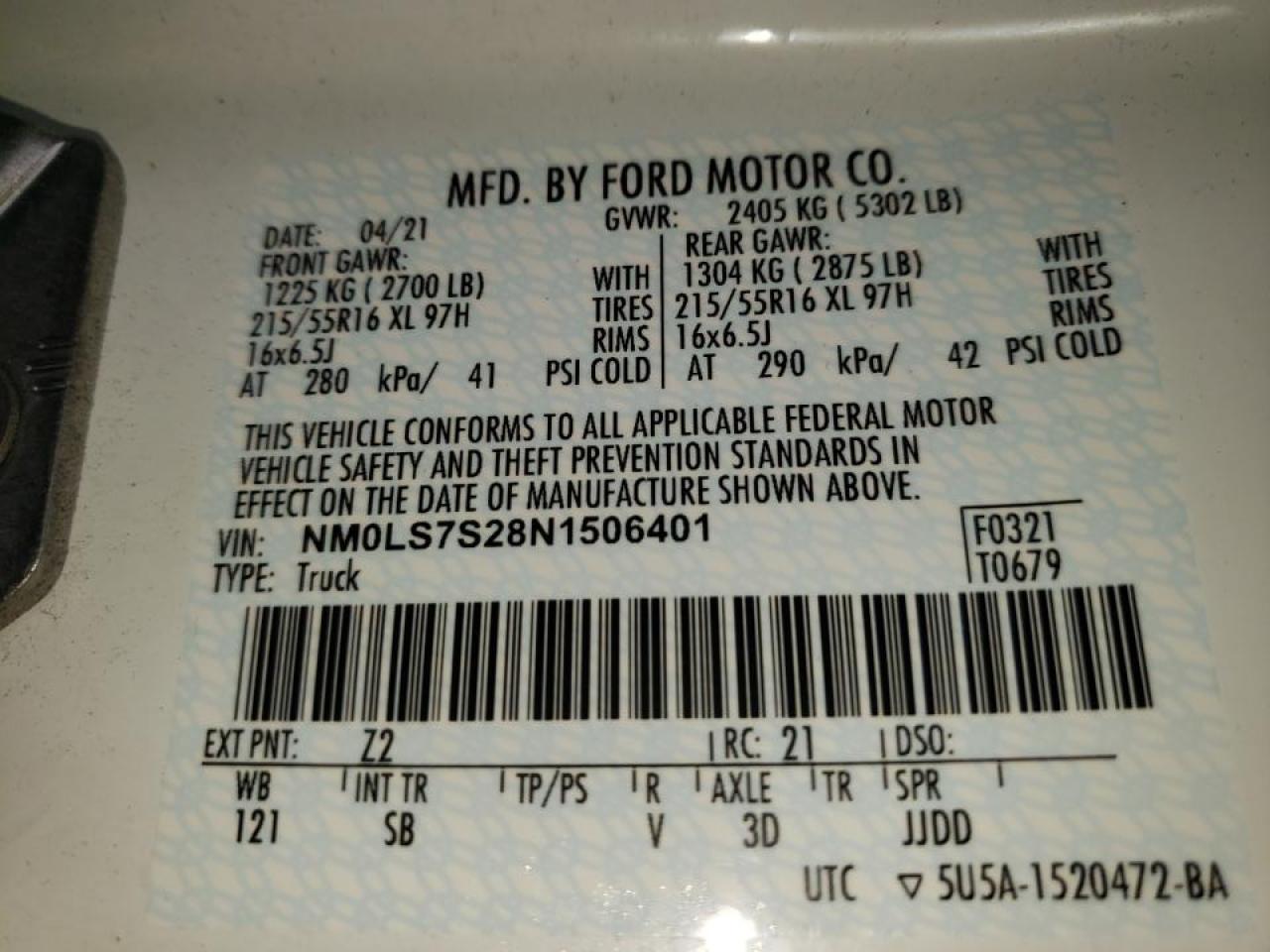 Photo 10 from auction – 2022 FORD TRANSIT CO with VIN NM0LS7S28N1506401