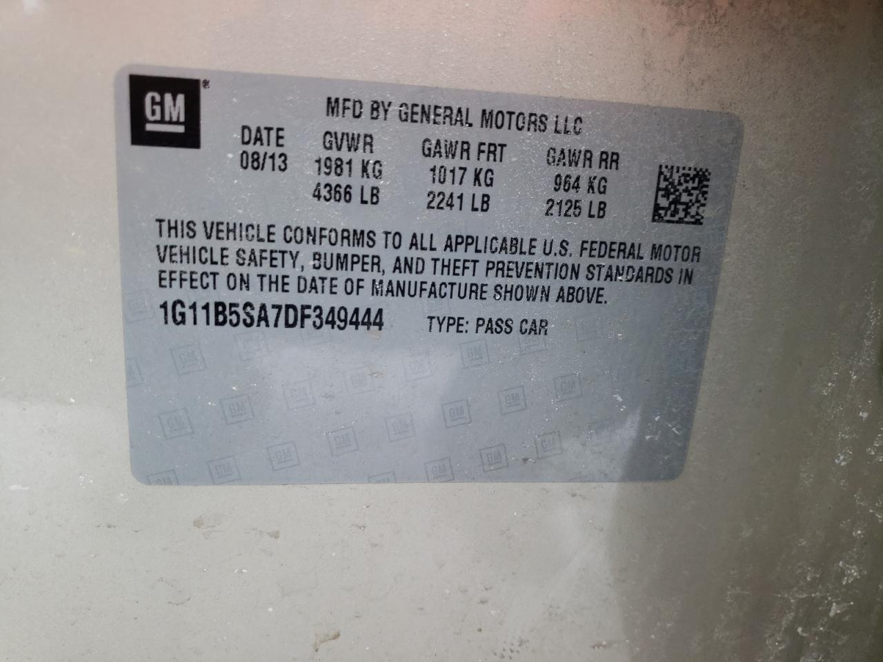 Photo 10 from auction – 2013 CHEVROLET MALIBU LS with VIN 1G11B5SA7DF349444