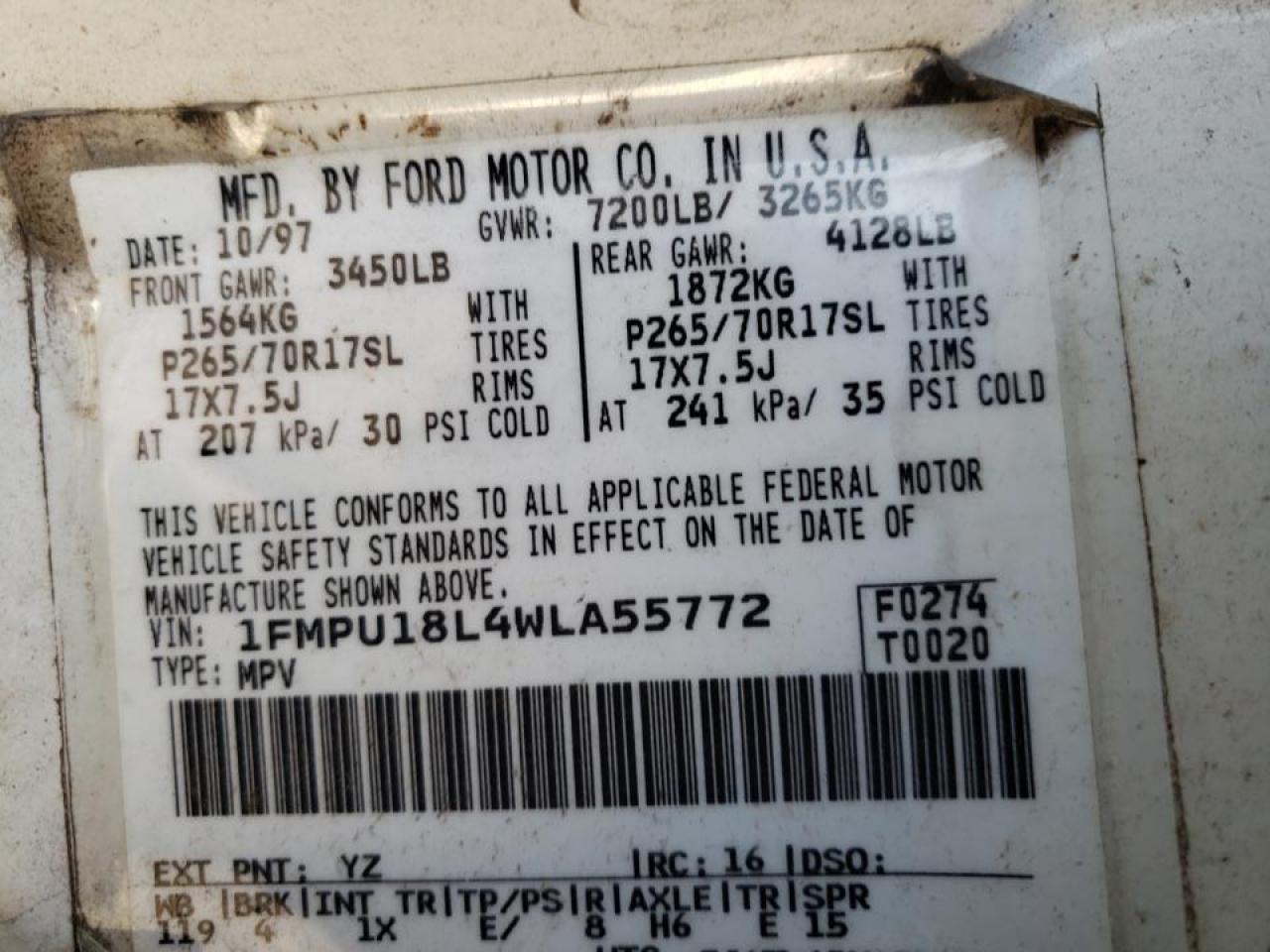 Photo 10 from auction – 1998 FORD EXPEDITION with VIN 1FMPU18L4WLA55772