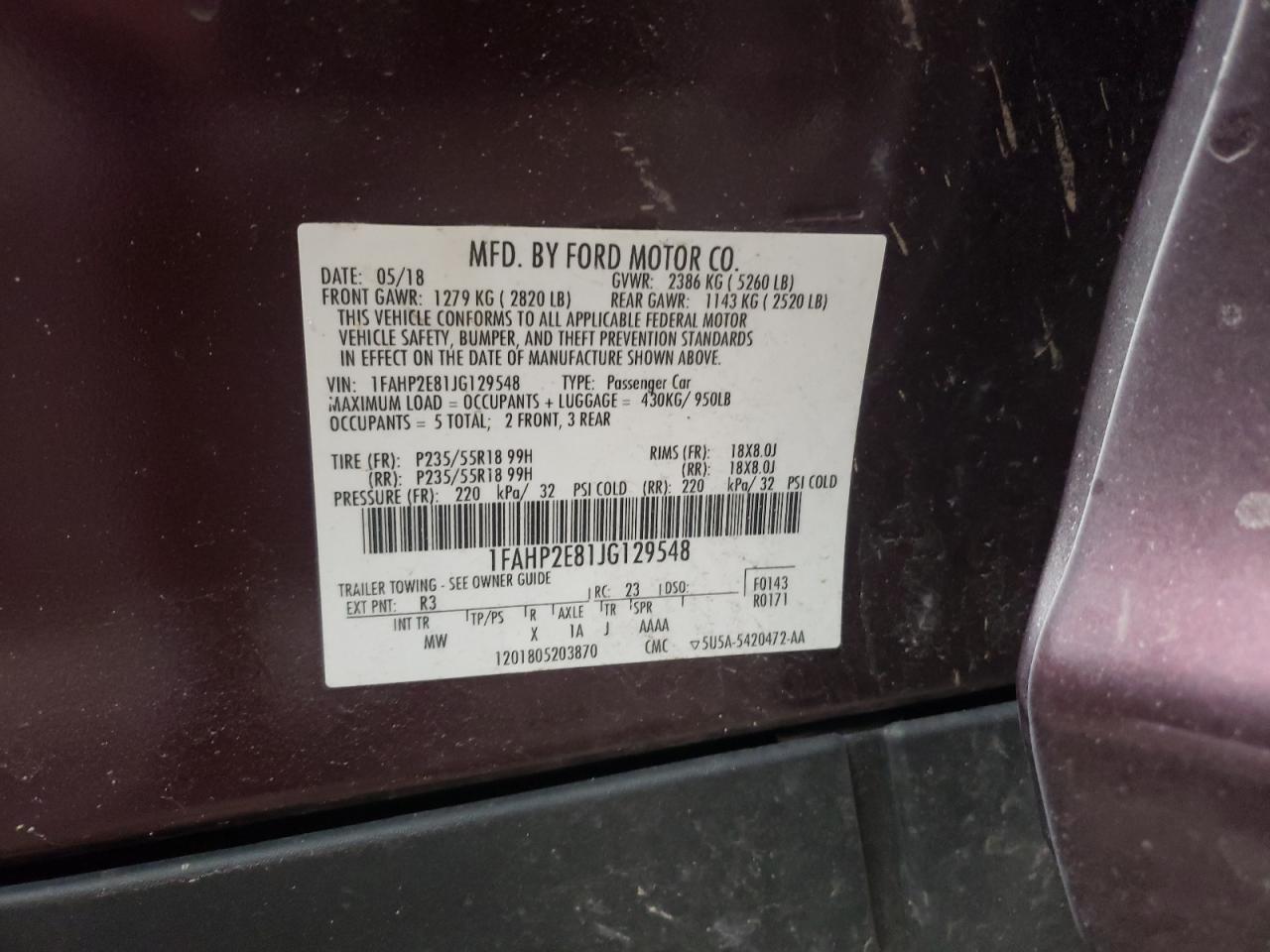 Photo 10 from auction – 2018 FORD TAURUS SEL with VIN 1FAHP2E81JG129548