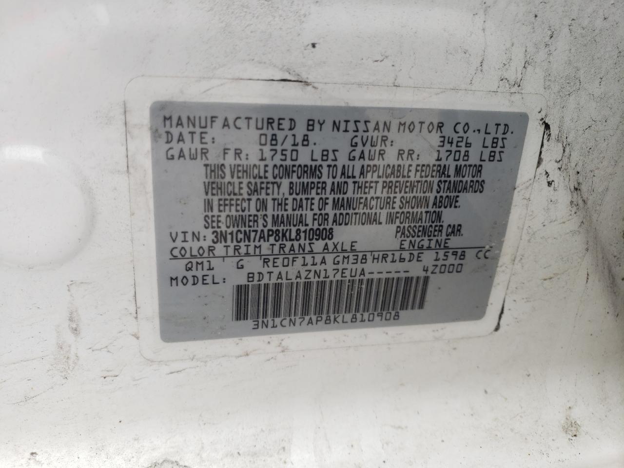 Photo 10 from auction – 2019 NISSAN VERSA S with VIN 3N1CN7AP8KL810908