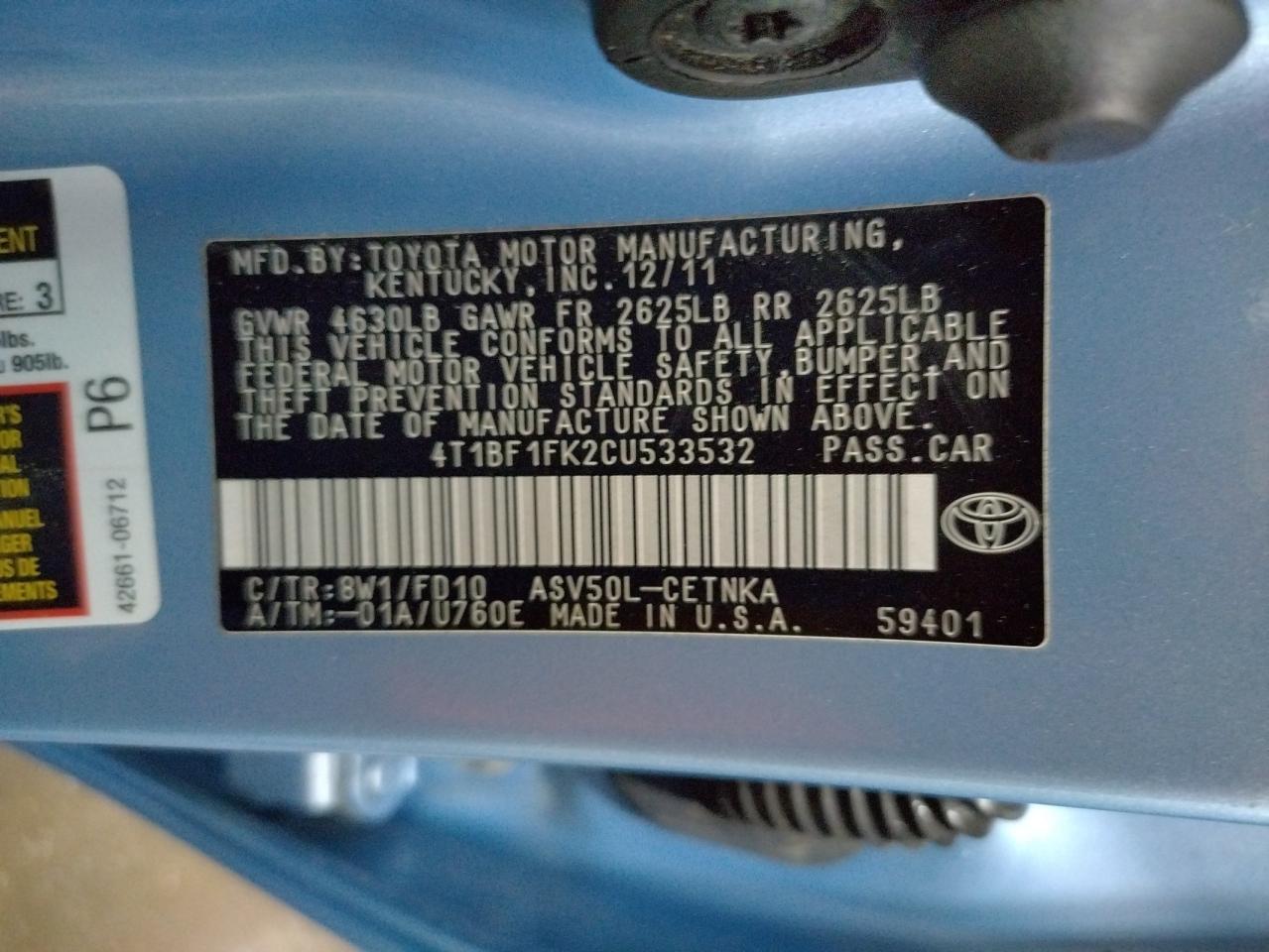 Photo 10 from auction – 2012 TOYOTA CAMRY LE A with VIN 4T1BF1FK2CU533532