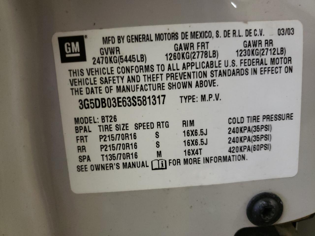 Photo 10 from auction – 2003 BUICK RENDEZVOUS with VIN 3G5DB03E63S581317