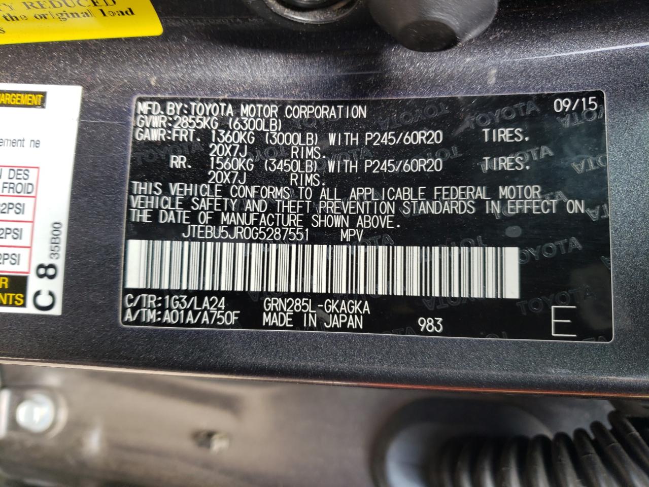 Photo 10 from auction – 2016 TOYOTA 4RUNNER SR with VIN JTEBU5JR0G5287551