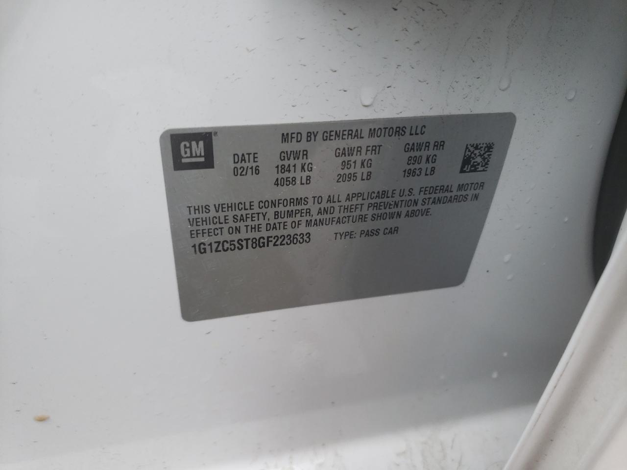 Photo 10 from auction – 2016 CHEVROLET MALIBU LS with VIN 1G1ZC5ST8GF223633