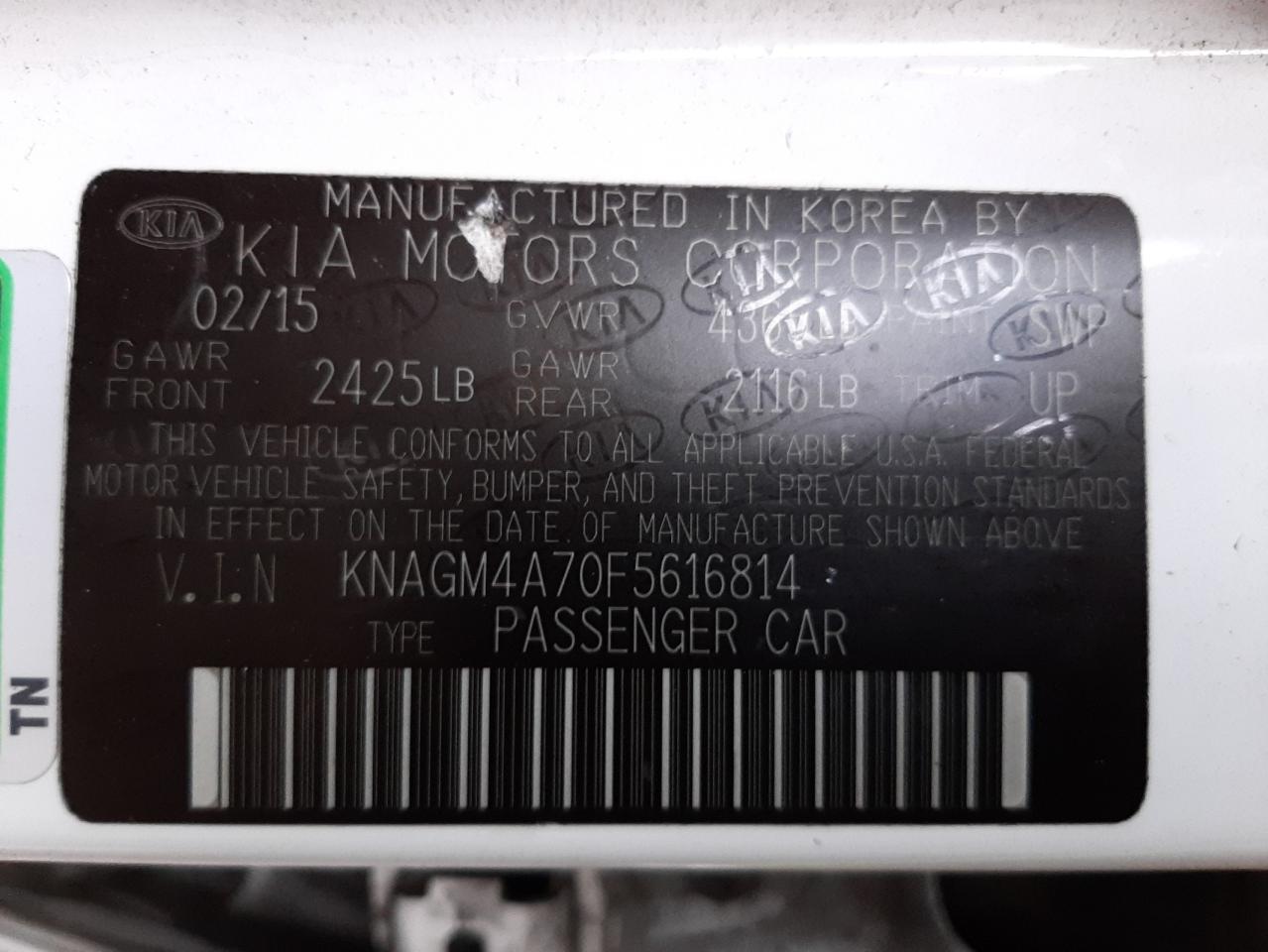 Photo 10 from auction – 2015 KIA OPTIMA LX with VIN KNAGM4A70F5616814