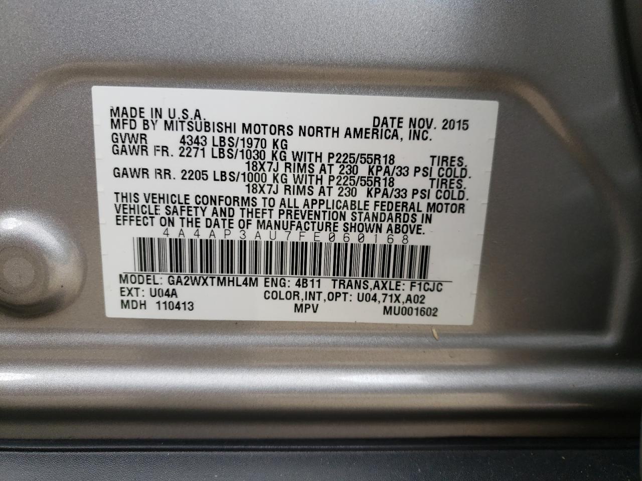 Photo 10 from auction – 2015 MITSUBISHI OUTLANDER with VIN 4A4AP3AU7FE060168