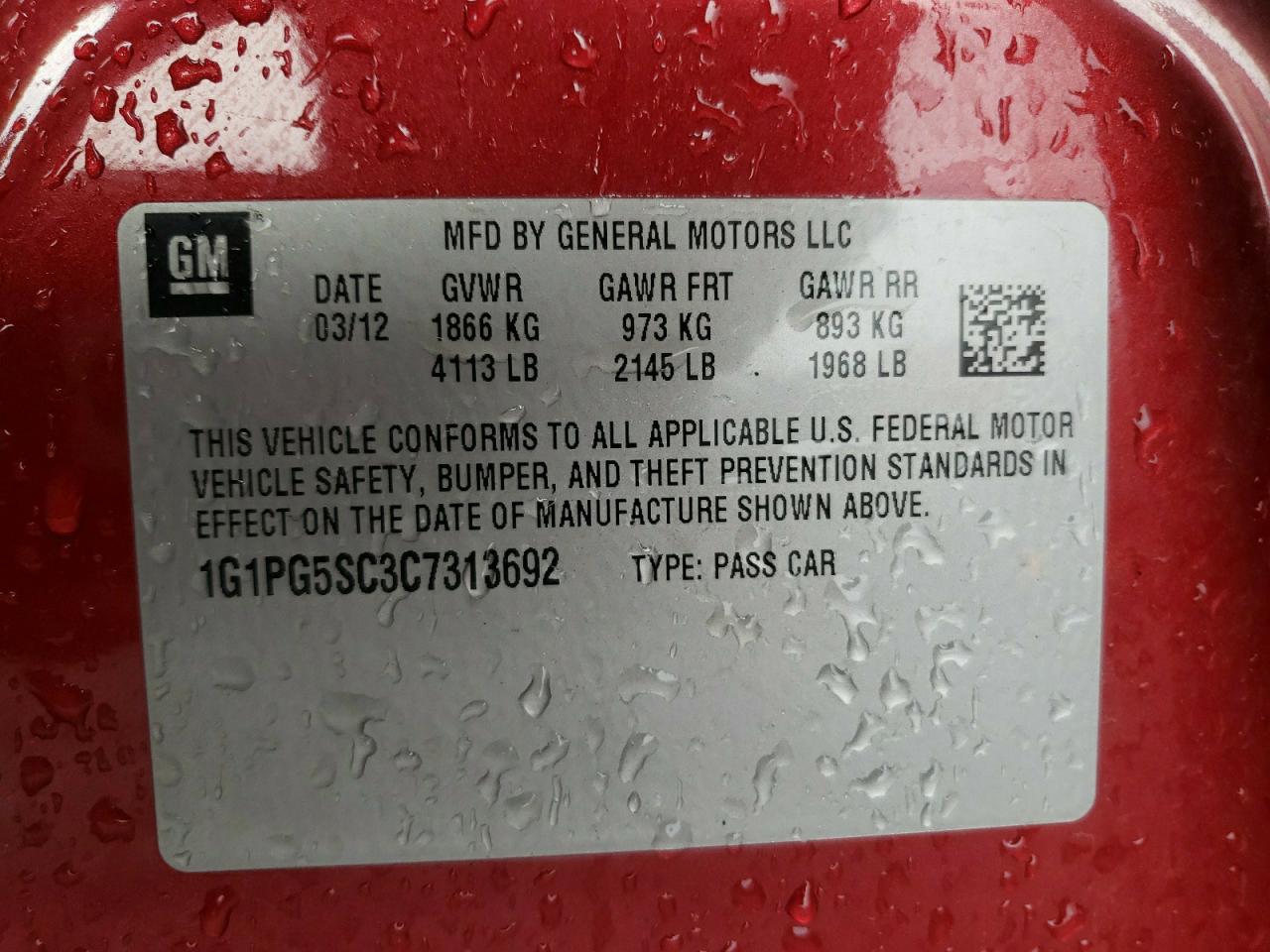 Photo 10 from auction – 2012 CHEVROLET CRUZE LT with VIN 1G1PG5SC3C7313692