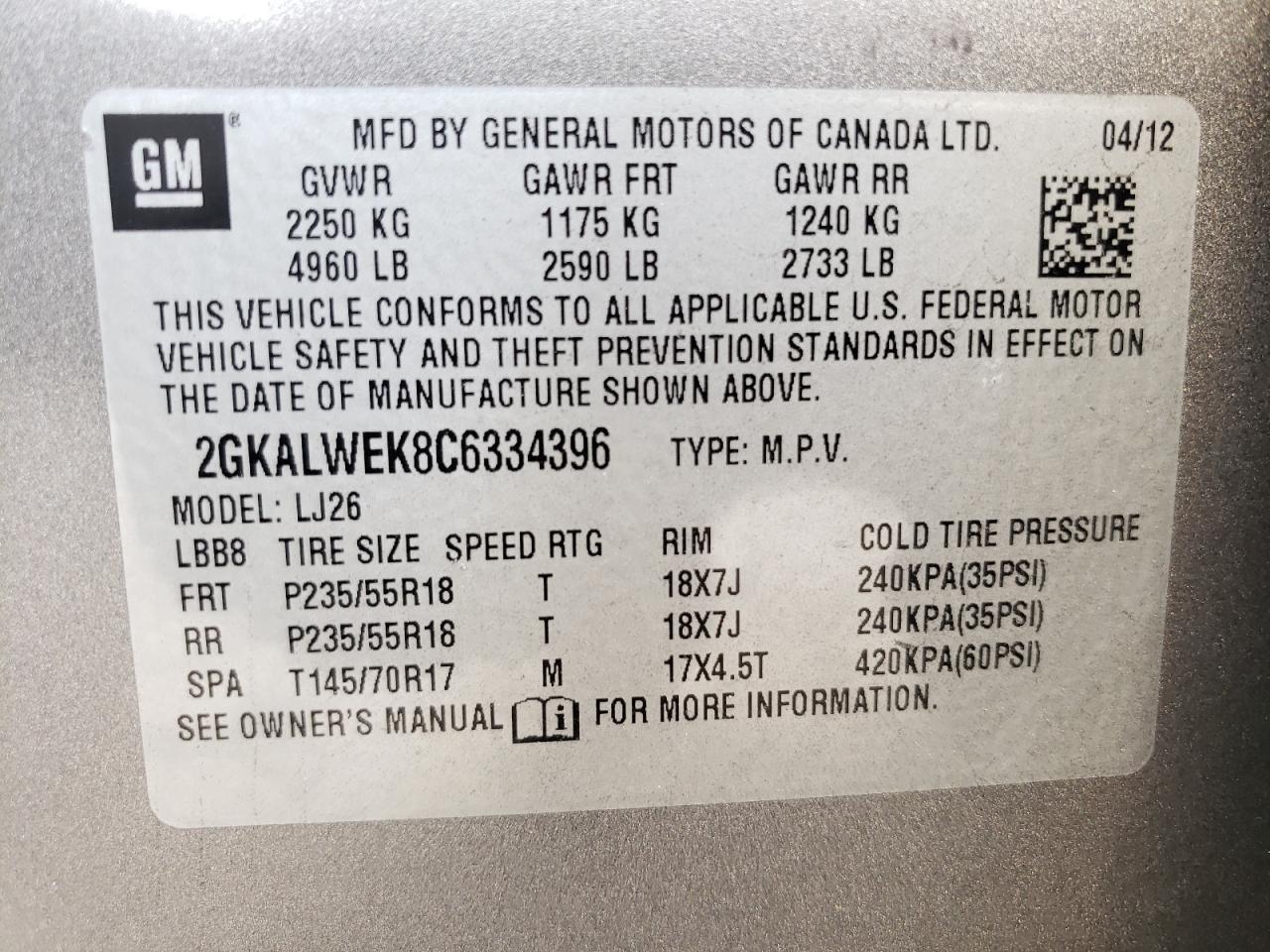 Photo 10 from auction – 2012 GMC TERRAIN SL with VIN 2GKALWEK8C6334396