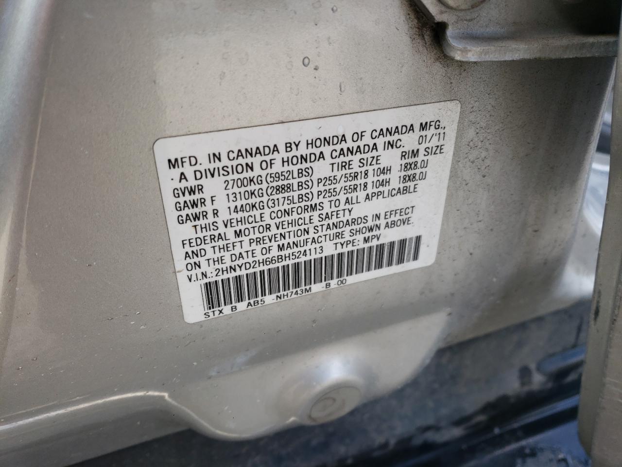 Photo 10 from auction – 2011 ACURA MDX TECHNO with VIN 2HNYD2H66BH524113