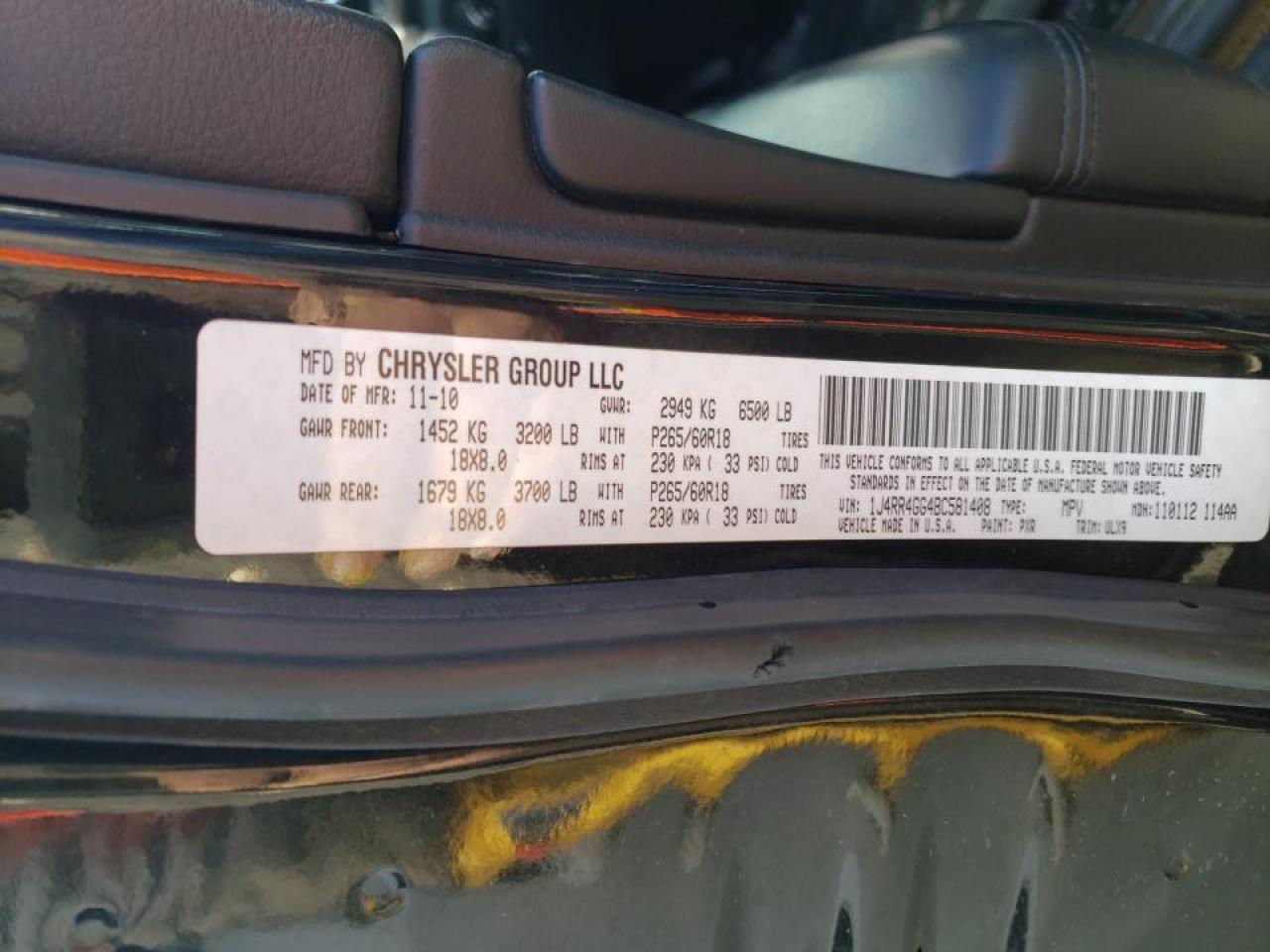 Photo 10 from auction – 2011 JEEP GRAND CHER with VIN 1J4RR4GG4BC581408