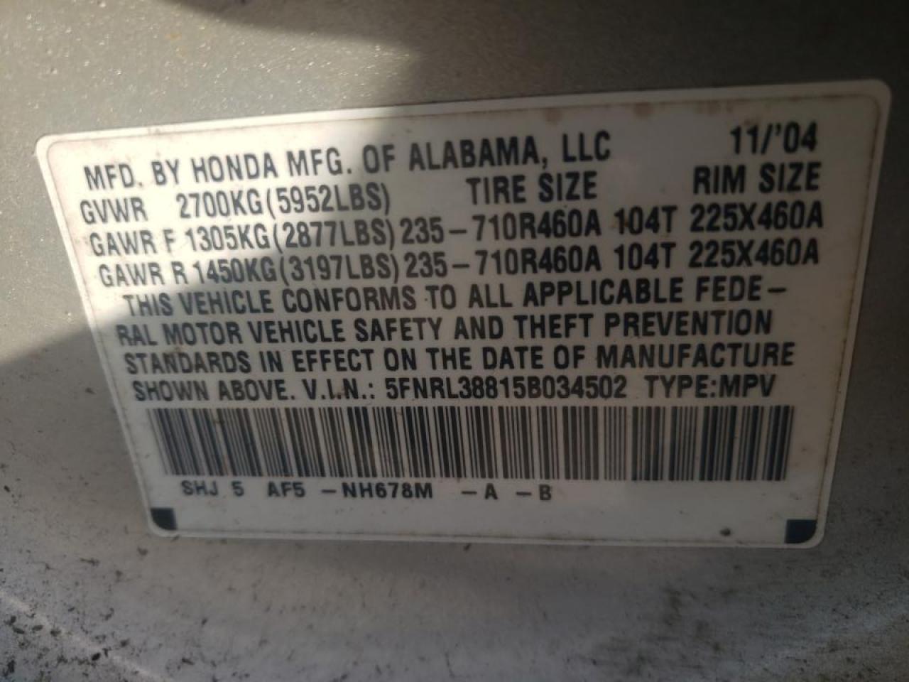 Photo 10 from auction – 2005 HONDA ODYSSEY TO with VIN 5FNRL38815B034502