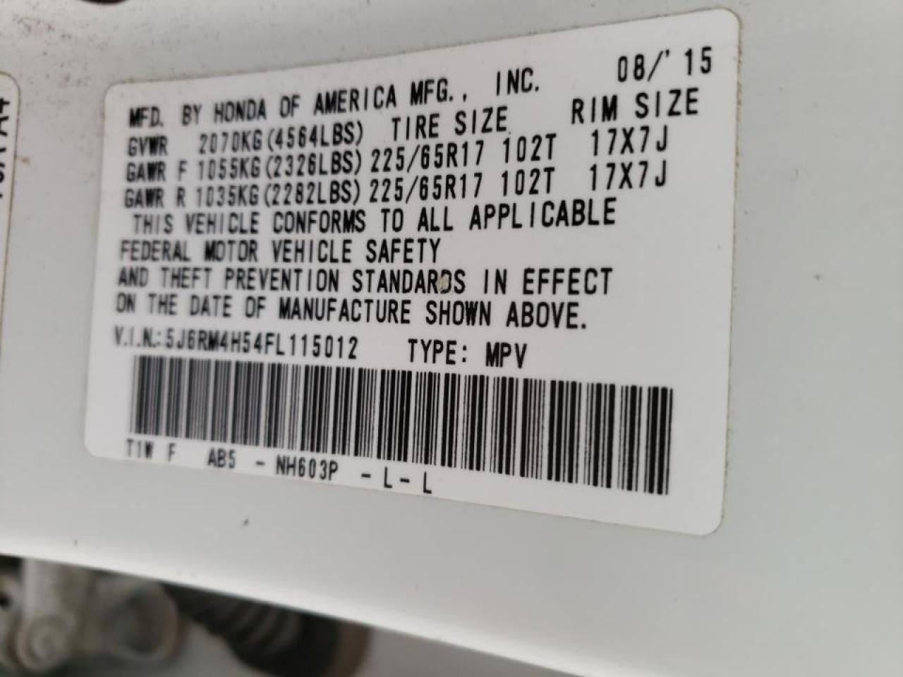 Photo 10 from auction – 2015 HONDA CR-V EX with VIN 5J6RM4H54FL115012