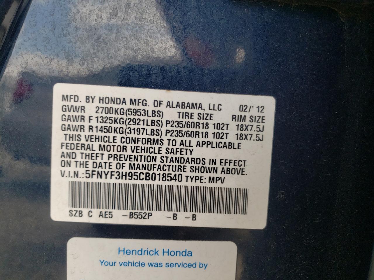 Photo 10 from auction – 2012 HONDA PILOT TOUR with VIN 5FNYF3H95CB018540