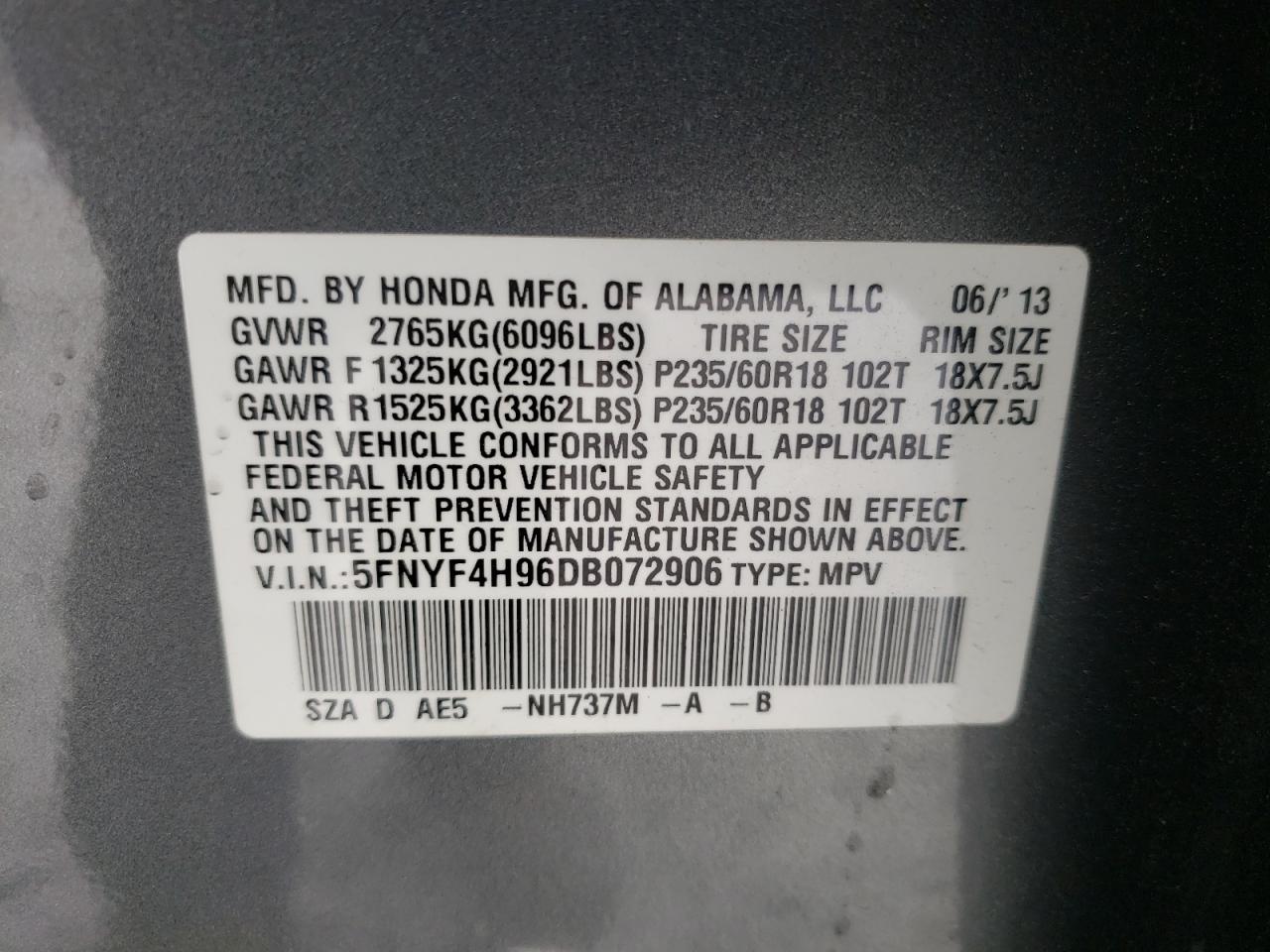 Photo 10 from auction – 2013 HONDA PILOT TOUR with VIN 5FNYF4H96DB072906