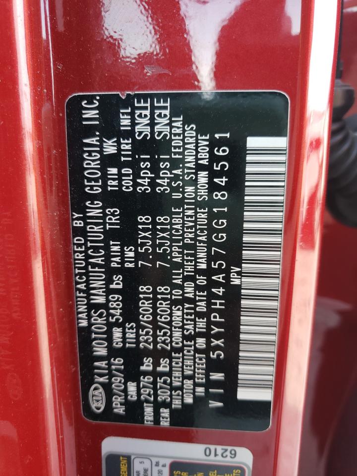 Photo 10 from auction – 2016 KIA SORENTO EX with VIN 5XYPH4A57GG184561