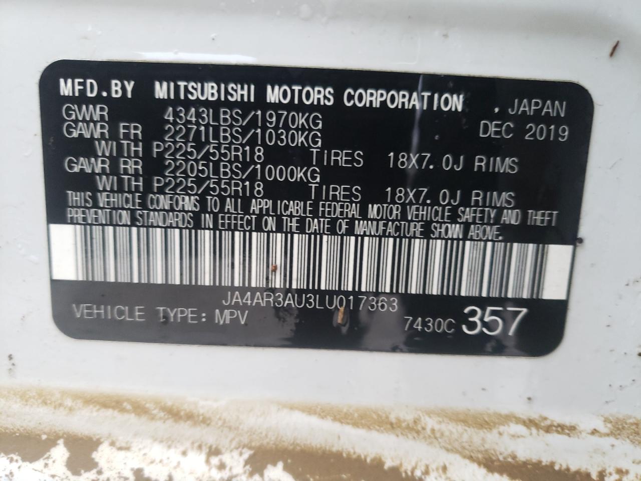 Photo 10 from auction – 2020 MITSUBISHI OUTLANDER with VIN JA4AR3AU3LU017363