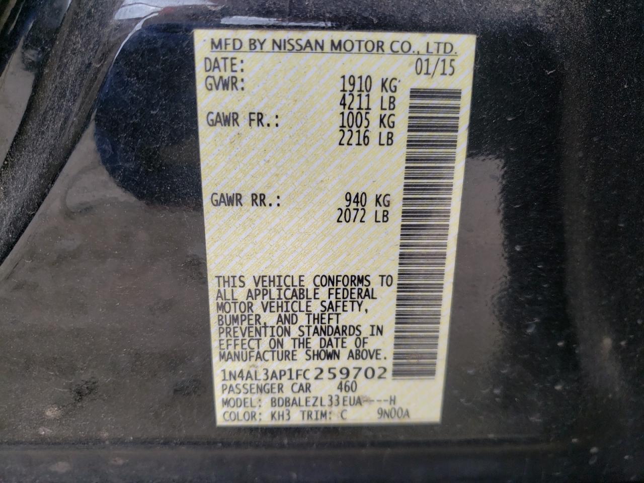 صورة رقم 10 من المزاد - 2015 NISSAN ALTIMA 2.5 مع VIN 1N4AL3AP1FC259702