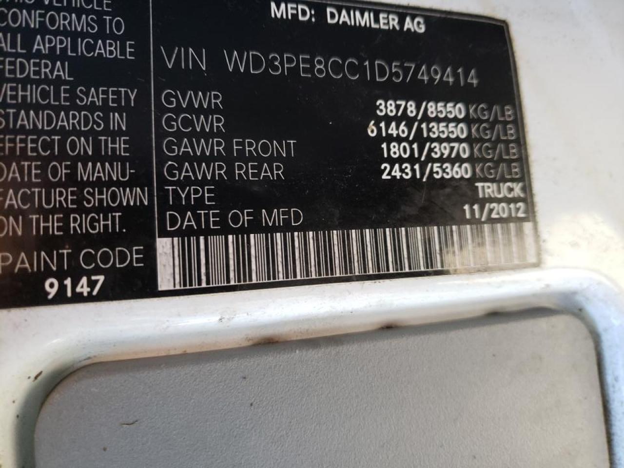Photo 10 from auction – 2013 MERCEDES-BENZ SPRINTER 2 with VIN WD3PE8CC1D5749414