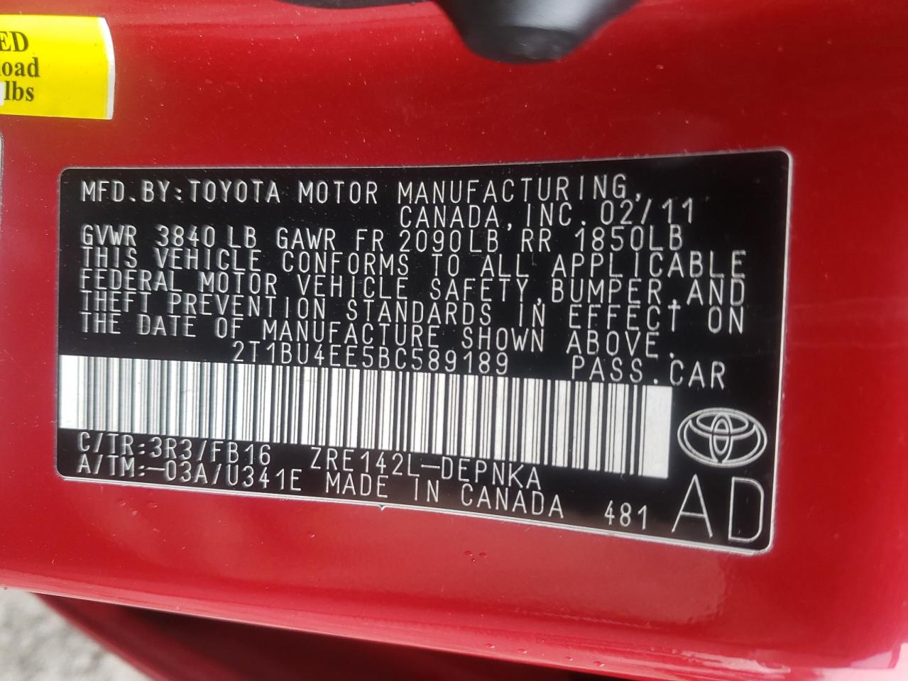 Photo 10 from auction – 2011 TOYOTA COROLLA BA with VIN 2T1BU4EE5BC589189