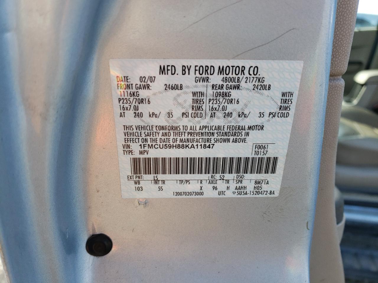 Photo 10 from auction – 2008 FORD ESCAPE HEV with VIN 1FMCU59H88KA11847