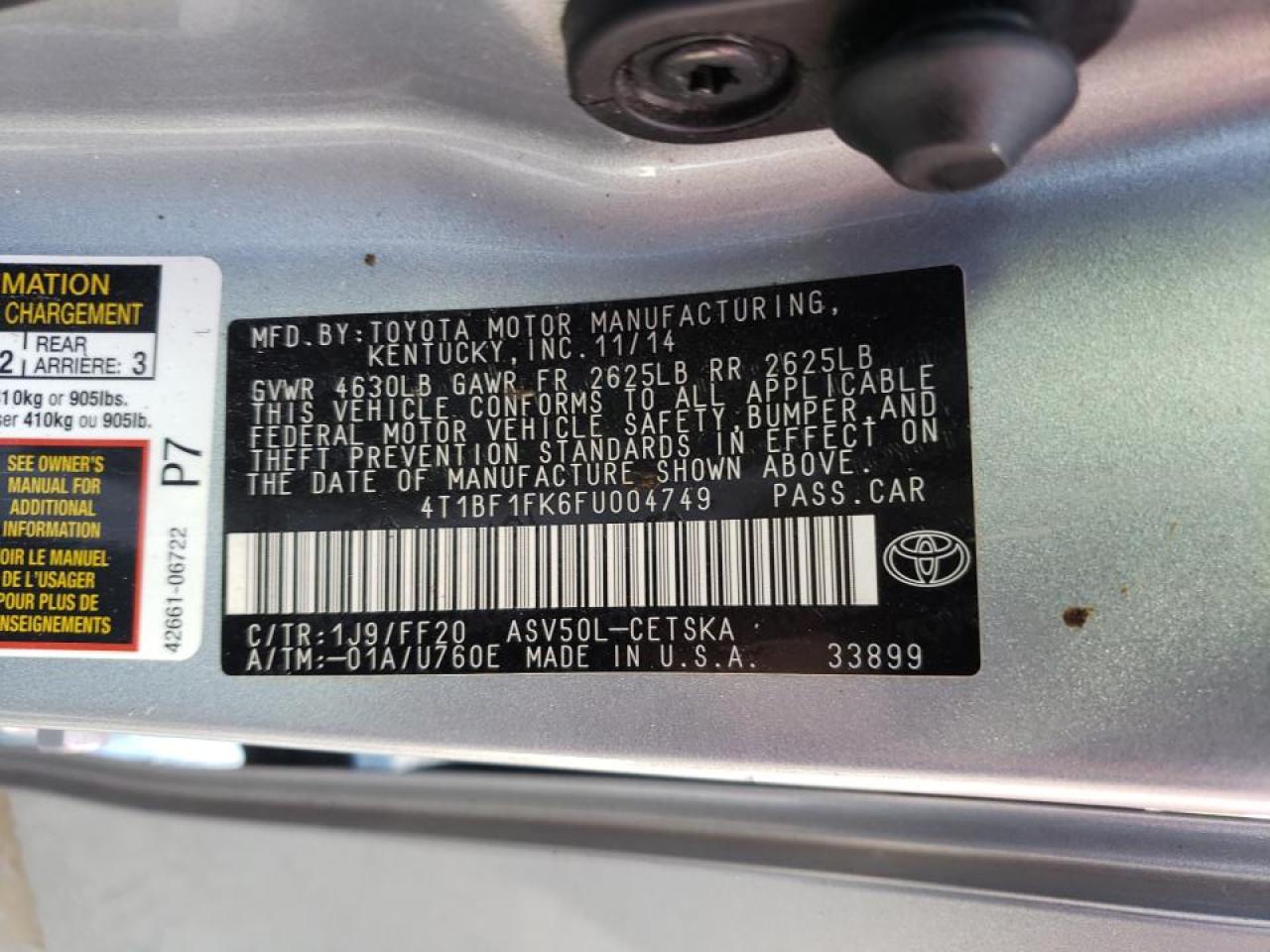 Photo 10 from auction – 2015 TOYOTA CAMRY LE with VIN 4T1BF1FK6FU004749