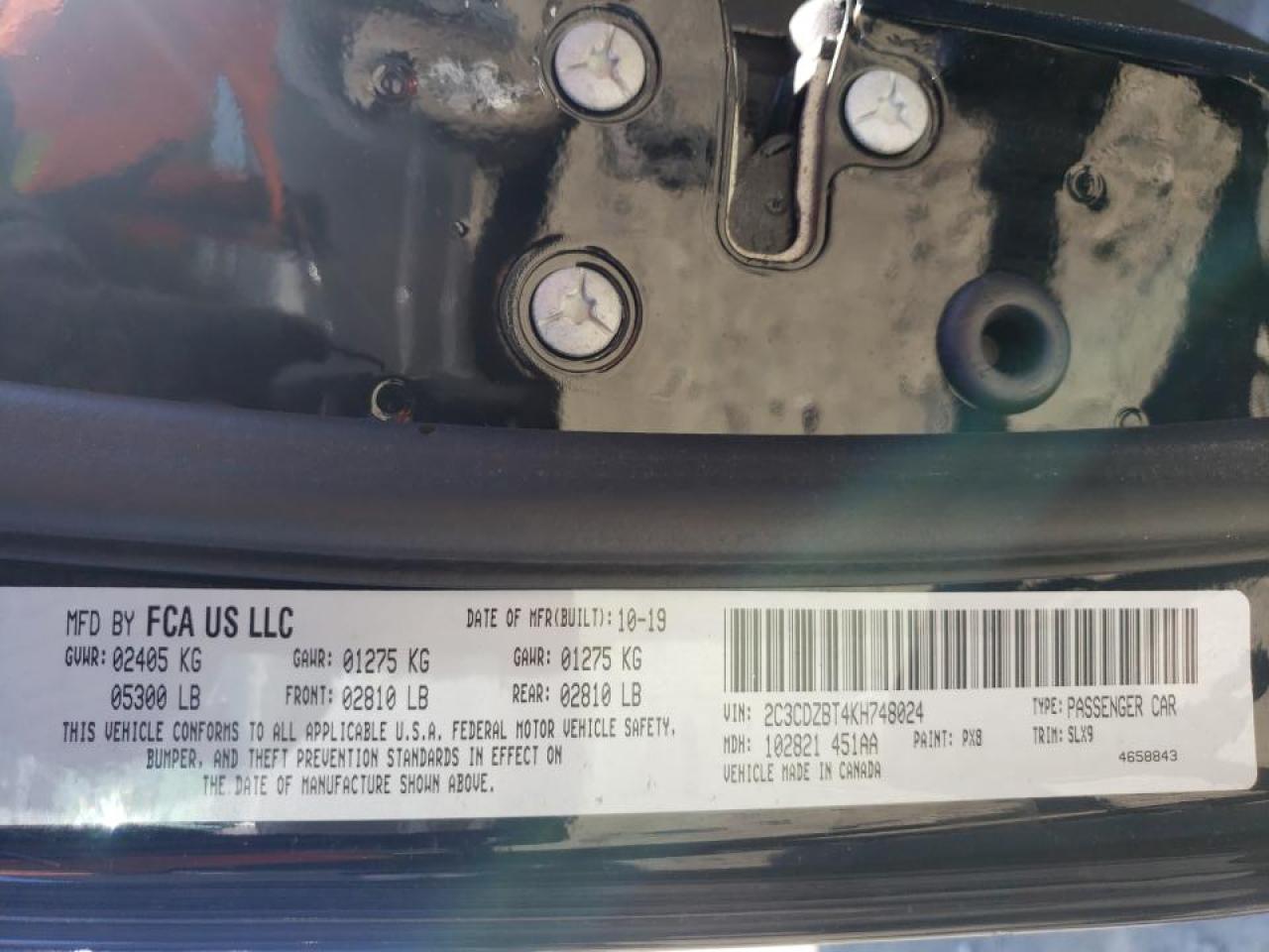 Photo 10 from auction – 2019 DODGE CHALLENGER with VIN 2C3CDZBT4KH748024