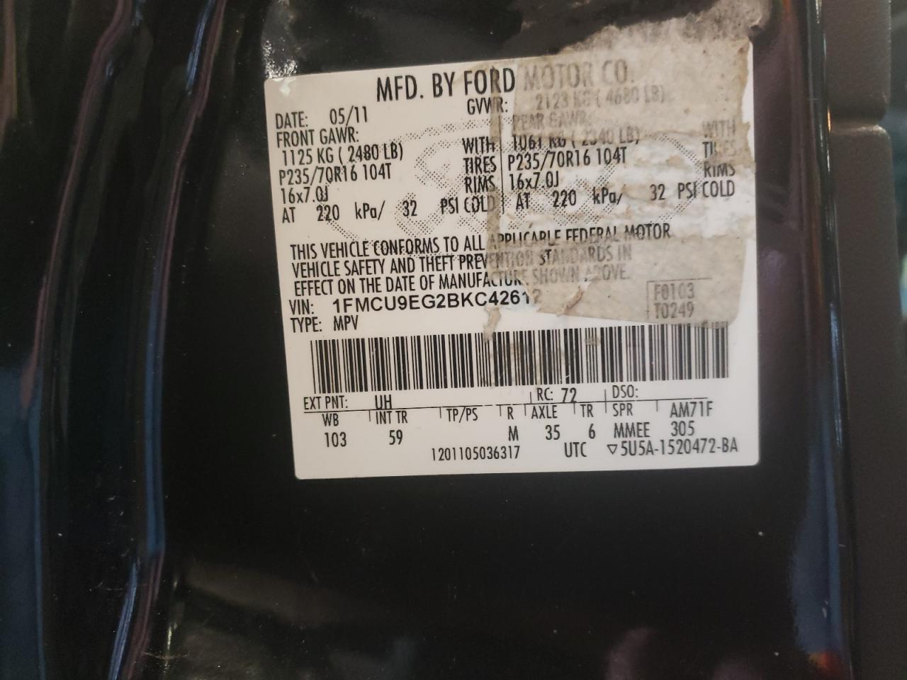 Photo 10 from auction – 2011 FORD ESCAPE LIM with VIN 1FMCU9EG2BKC42612
