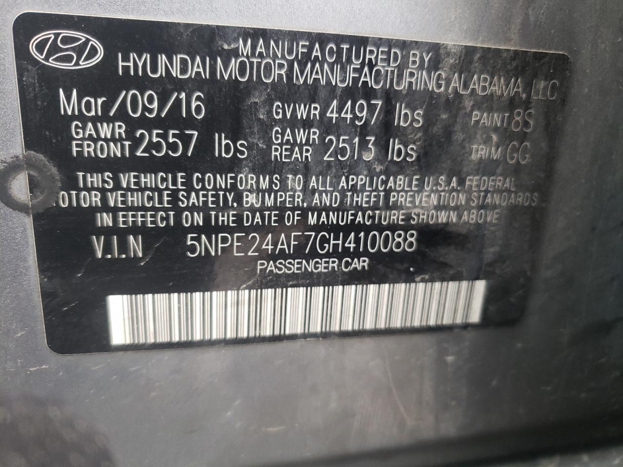 Photo 10 from auction – 2016 HYUNDAI SONATA SE with VIN 5NPE24AF7GH410088