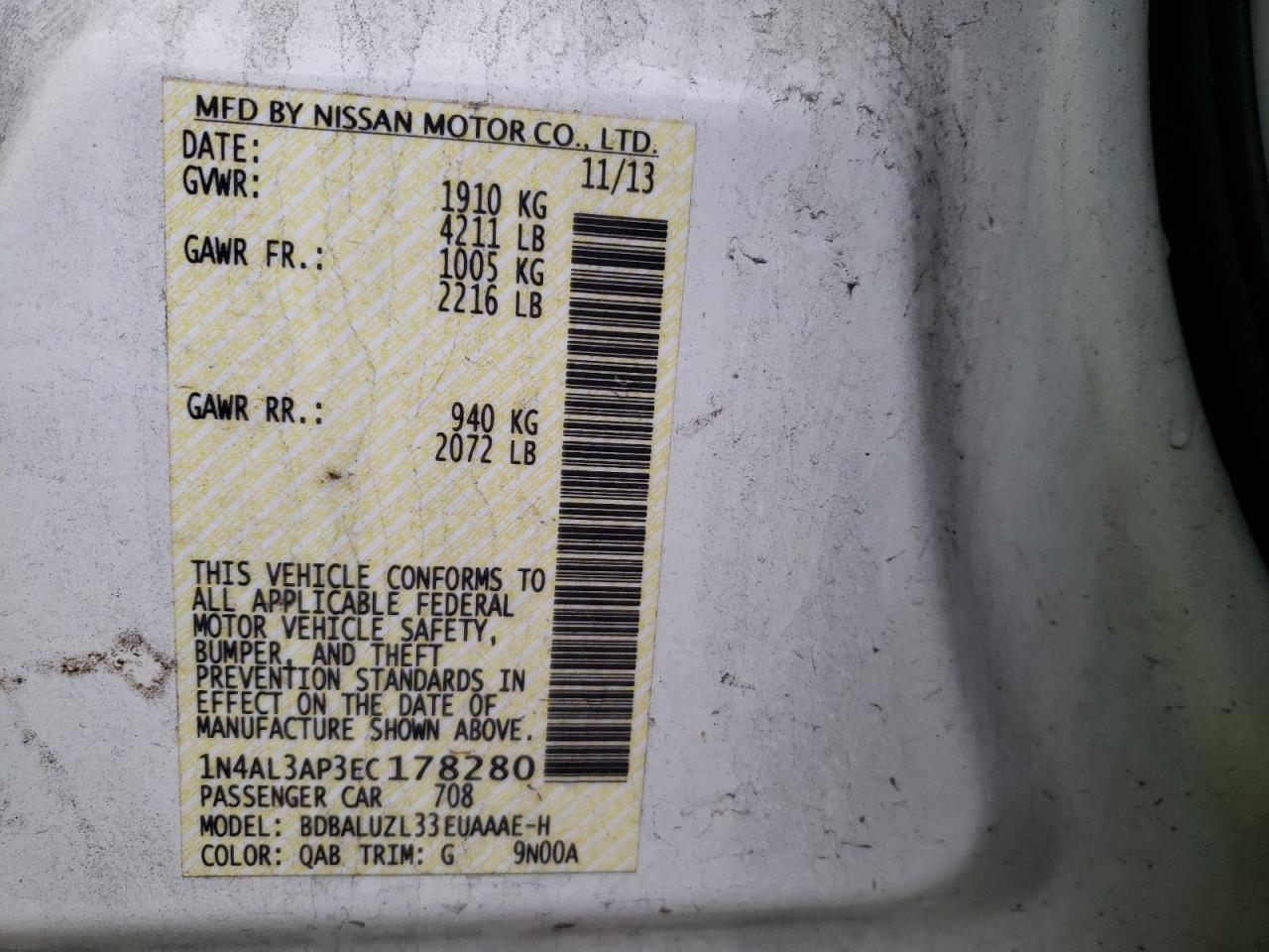 Photo 10 from auction – 2014 NISSAN ALTIMA SV with VIN 1N4AL3AP3EC178280
